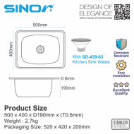 Sinor SN-5040 Stainless Steel Single Bowl Kitchen Sink - Image 5