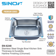 Sinor SN-6248 Stainless Steel Single Bowl Kitchen Sink - Image 2