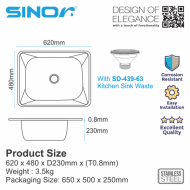 Sinor SN-6248 Stainless Steel Single Bowl Kitchen Sink - Image 5
