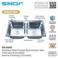 Sinor SN-8046 Stainless Steel Double Bowl Kitchen Sink - Image 2