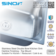 Sinor SN-8046 Stainless Steel Double Bowl Kitchen Sink - Image 4