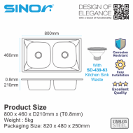 Sinor SN-8046 Stainless Steel Double Bowl Kitchen Sink - Image 5