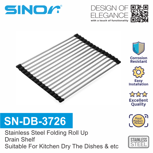 Sinor SN-DB-3726 Stainless Steel and Silicone Roll-up Sink Drying Dish Drainer