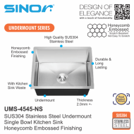 Sinor UMS-4545-NS SUS304 Stainless Steel Honeycomb Undermount Single Bowl Kitchen Sink - Image 2