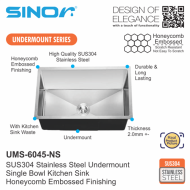 Sinor UMS-6045-NS SUS304 Stainless Steel Honeycomb Undermount Single Bowl Kitchen Sink - Image 2