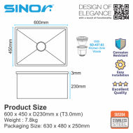 Sinor UMS-6045-NS SUS304 Stainless Steel Honeycomb Undermount Single Bowl Kitchen Sink - Image 5
