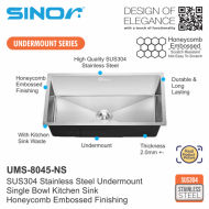 Sinor UMS-8045-NS SUS304 Stainless Steel Honeycomb Undermount Single Bowl Kitchen Sink - Image 2