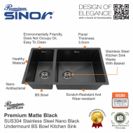 Sinor UMS-8645-BS-NB SUS304 Stainless Steel Nano Black Undermount BS Bowl Kitchen Sink - Image 2