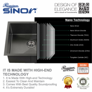 Sinor UMS-8645-BS-NB SUS304 Stainless Steel Nano Black Undermount BS Bowl Kitchen Sink - Image 7