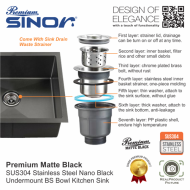 Sinor UMS-8645-BS-NB SUS304 Stainless Steel Nano Black Undermount BS Bowl Kitchen Sink - Image 6