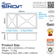 Sinor UMS-8645-BS-NB SUS304 Stainless Steel Nano Black Undermount BS Bowl Kitchen Sink - Image 8