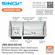Sinor UMS-8645-BS-NS SUS304 Stainless Steel Undermount BS Bowl Kitchen Sink - Image 2