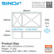 Sinor UMS-8645-BS-NS SUS304 Stainless Steel Undermount BS Bowl Kitchen Sink - Image 6