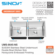 Sinor UMS-8645-NS SUS304 Stainless Steel Undermount Double Bowl Kitchen Sink - Image 2