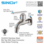 Sinor SS-2017-N SUS304 Stainless Steel Wall Bib Tap With Hose Connector - Image 2