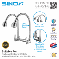 Sinor S-1112-W Solid Handle Twin Flexible Kitchen Sink Tap-Wall Mounted - Image 3