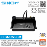 Sinor SUM-8050-GM Smart Undermount Kitchen Sink With Faucet Nano Coating Gun Metal Honeycomb Finishing