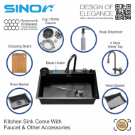 Sinor SUM-8050-GM Smart Undermount Kitchen Sink With Faucet Nano Coating Gun Metal Honeycomb Finishing - Image 2