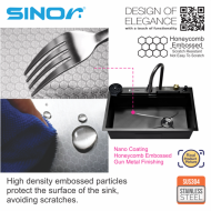 Sinor SUM-8050-GM Smart Undermount Kitchen Sink With Faucet Nano Coating Gun Metal Honeycomb Finishing - Image 5