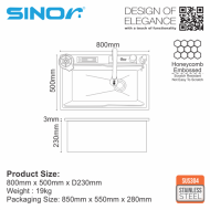 Sinor SUM-8050-GM Smart Undermount Kitchen Sink With Faucet Nano Coating Gun Metal Honeycomb Finishing - Image 7