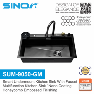 Sinor SUM-9050-GM Smart Undermount Kitchen Sink With Faucet Nano Coating Gun Metal Honeycomb Finishing