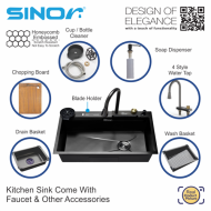 Sinor SUM-9050-GM Smart Undermount Kitchen Sink With Faucet Nano Coating Gun Metal Honeycomb Finishing - Image 2