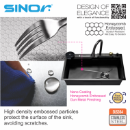 Sinor SUM-9050-GM Smart Undermount Kitchen Sink With Faucet Nano Coating Gun Metal Honeycomb Finishing - Image 5