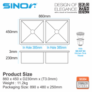 Sinor UMS-8645-NS SUS304 Stainless Steel Undermount Double Bowl Kitchen Sink - Image 6
