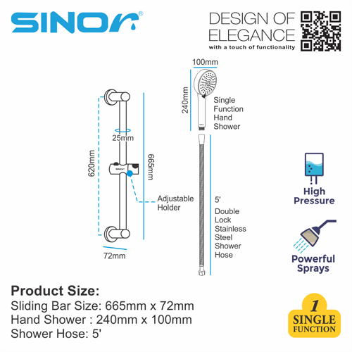 SH-740-1-4 Sinor SH-740-1 Sling Bar With Hand Shower Set Single Function Hand Shower - Image 4