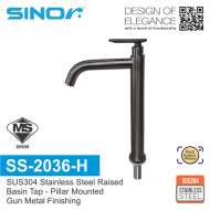 SINOR SS-2036-H SUS304 Stainless Steel Raised Basin Tap Bathroom Faucet Pillar Mounted