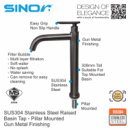 SINOR SS-2036-H SUS304 Stainless Steel Raised Basin Tap Bathroom Faucet Pillar Mounted - Image 2