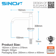 SINOR SS-2036-H SUS304 Stainless Steel Raised Basin Tap Bathroom Faucet Pillar Mounted - Image 5