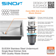 Sinor UMS-10045-NS SUS304 Stainless Steel Honeycomb Undermount Single Bowl Kitchen Sink - Image 3