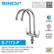 SINOR S-7113-P Double Stainless Steel Spout Pillar Kitchen and Bathroom Faucet Water Saving Sink Twin Tap