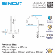 SINOR S-7113-P Double Stainless Steel Spout Pillar Kitchen and Bathroom Faucet Water Saving Sink Twin Tap - Image 5