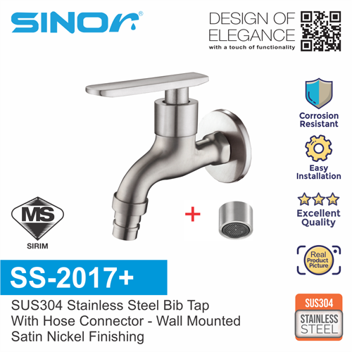 Sinor SS-2017+ SUS304 Stainless Steel Wall Bib Tap With Hose Connector + Water Saving aerator