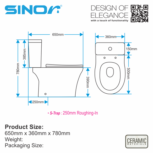 SWC-2103-5 Sinor SWC-2103-10S Close Couple Wash Down Pedestal Water Closet Bathroom WC - Image 7