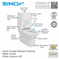 Sinor SWC-2104 Close Couple Rimless Flushing Water Closet Bathroom WC - Image 2