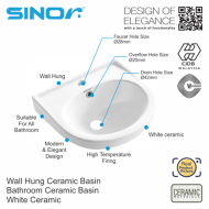 Sinor BS-302 Wall Hung Ceramic Basin Bathroom Ceramic Basin - Image 2