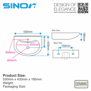 Sinor BS-304 Wall Hung Ceramic Basin Bathroom Ceramic Basin - Image 5