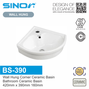 Sinor BS-390 Wall Hung Corner Ceramic Basin Bathroom Ceramic Basin